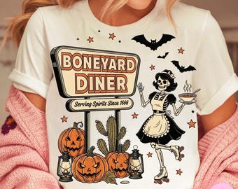 Boneyard Diner Halloween Png, Retro Skeleton Waitress Sublimation Design, Vintage Spooky Diner Pumpkin Png, Funny Halloween Shirt Png