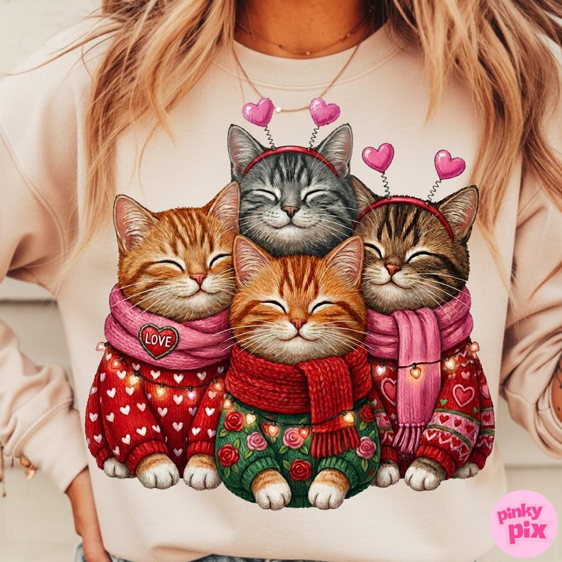 May include: A light pink sweatshirt featuring a graphic of four smiling cats. The cats wear sweaters, scarves, and heart-shaped headbands. The sweaters are red and green with heart and rose patterns. The scarves are pink and red.