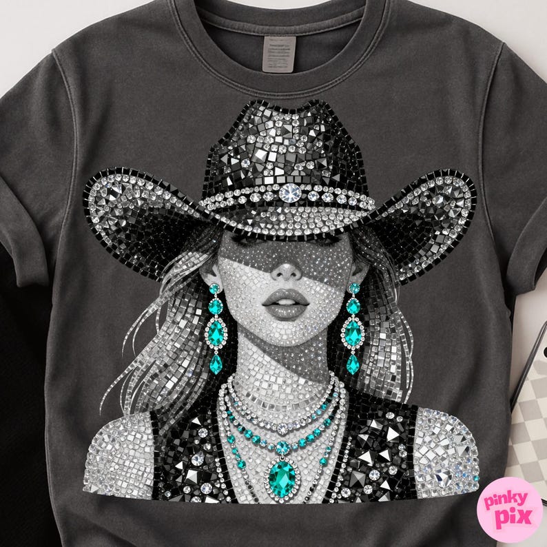 May include: Dark gray sweatshirt featuring a mosaic-style illustration of a woman wearing a bedazzled cowboy hat, vest, and jewelry. The jewelry includes turquoise-colored earrings and a necklace with a large pendant. The design is detailed and eye-catching.