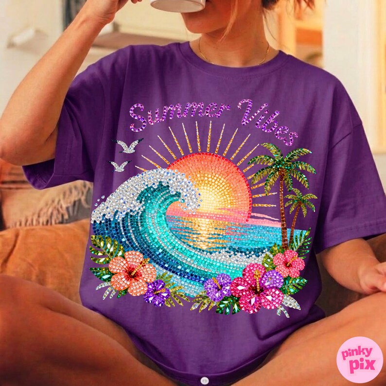 May include: Purple t-shirt with a vibrant beach scene design. The graphic includes a mosaic-style wave, sun, palm trees, and hibiscus flowers. The text "Summer Vibes" is arched above the sun.