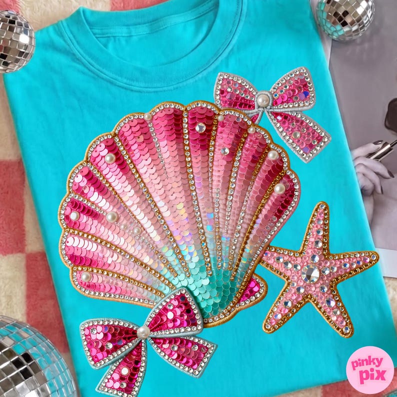 May include: A turquoise t-shirt featuring a large, sequined seashell design in shades of pink and teal, adorned with pearls and rhinestones. Additional embellishments include two sequined bows and a starfish. The shirt has the text "pinky pix".