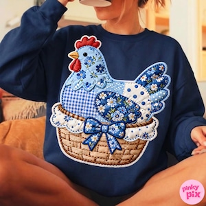 Patchwork Grandmacore Chicken Cottagecore Png, Checkered Gingham Faux Embroidery Coquette Bow Sublimation Design image 3