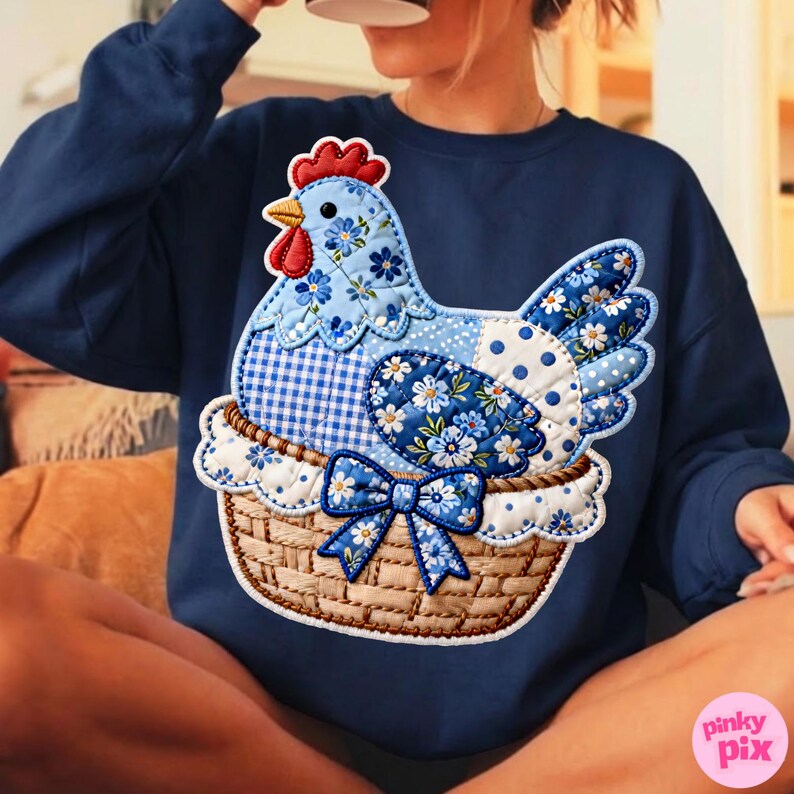 Patchwork Grandmacore Chicken Cottagecore Png, Checkered Gingham Faux Embroidery Coquette Bow Sublimation Design image 3