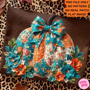 Fall Floral Pumpkin PNG: Faux Patchwork Teal Cozy Autumn Bow Design, Trending Digital Download