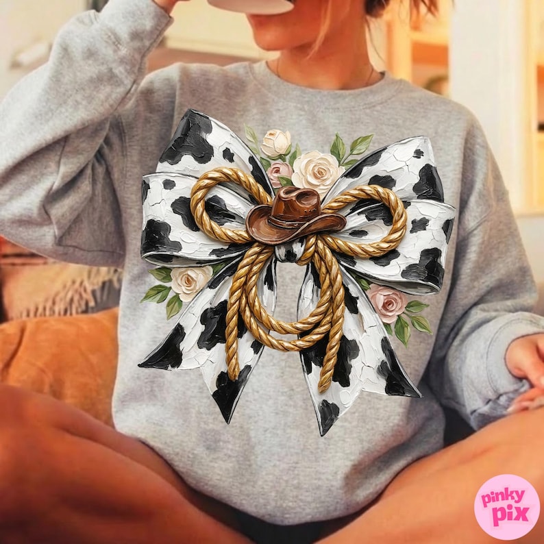 May include: A gray sweatshirt featuring a large bow design with a cow print pattern in black and white. The bow is adorned with a brown cowboy hat, gold rope, and floral accents. The sweatshirt is a casual style.