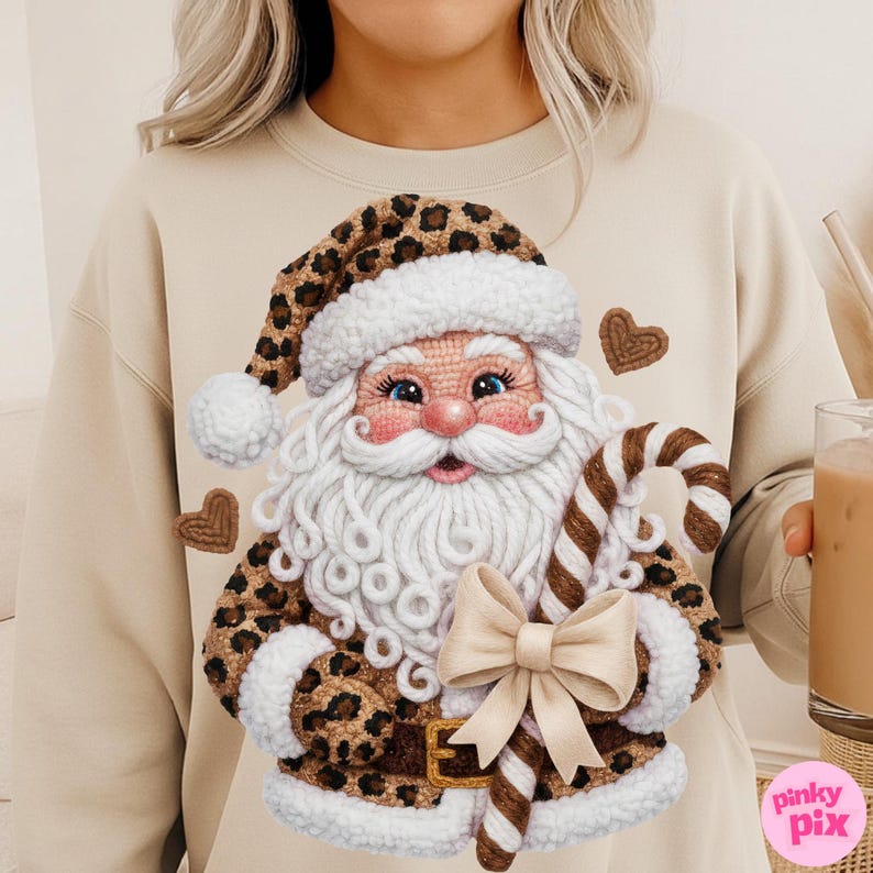 Faux Yarn Santa Png: Leopard Crochet Coquette Candy Cane Bow Sublimation Design image 9
