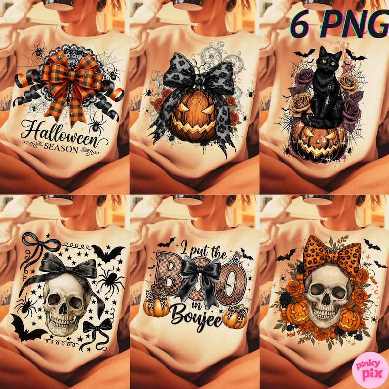 May include: A collection of six beige Halloween-themed sweatshirts. Designs include pumpkins, skulls, bows, spiders, bats, and the phrases "Halloween Season" and "I put the BOO in Boujee". The sweatshirts are decorated with orange, black, and white graphics.