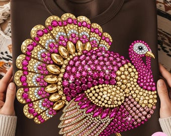 Faux Rhinestone Turkey PNG: Pink Gold Crystal Mosaic Thanksgiving Sublimation Design