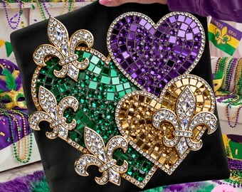 Mardi Gras Rhinestone Hearts Fleur De Lis PNG: Sparkle Bling Crystal Mosaic Jewel Design
