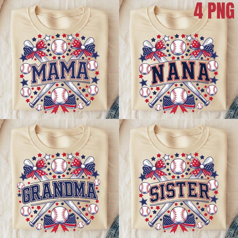 May include: Four beige t-shirts with a baseball, bats, and bow design. Each shirt has a different word: "Mama", "Nana", "Grandma", and "Sister".
