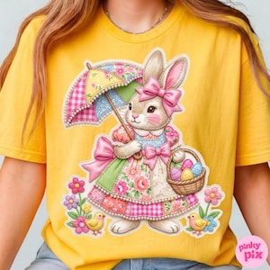 Paraguas de conejito de Pascua Grandmacore Cottagecore PNG: Diseño de sublimación de lazo con bordado de cuadros vichy florales