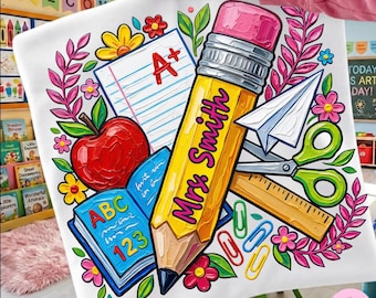 PNG personalizzato per insegnanti: nome personalizzato, matita, motivi floreali e pennellate, design scolastico