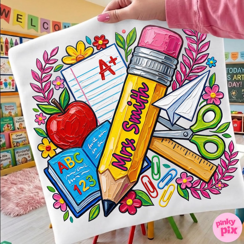 Pu&ograve; includere: Un cuscino bianco con un design colorato a tema scolastico. Il design include una grande matita gialla con "Mrs. Smith", una mela rossa, un libro aperto e un foglio di carta con un "A+".