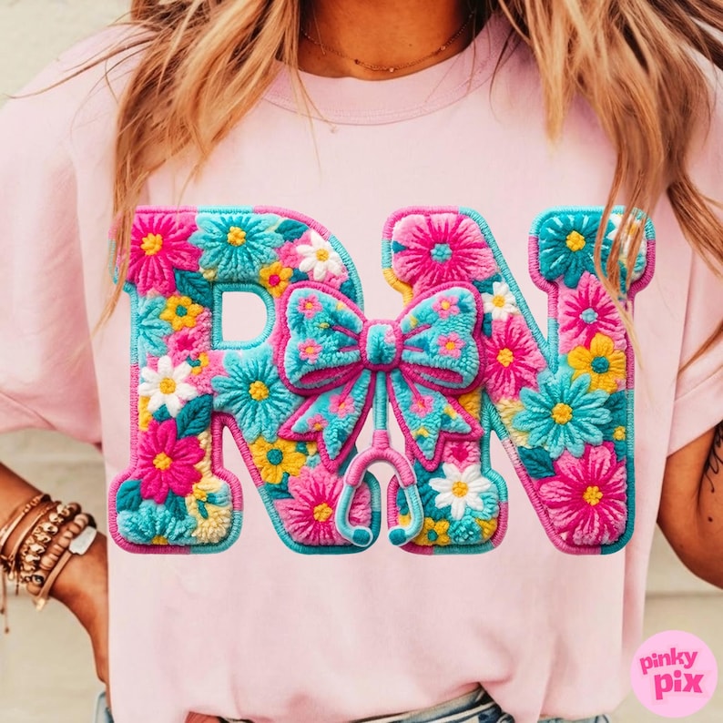 RN Nurse PNG: Floral Registered Nurse Faux Yarn Bow Sublimation Design, Trending Digital Download image 3