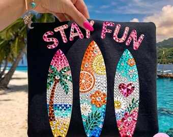 Summer Stay Fun PNG: Rhinestone Bling Retro Surfboard Tropical Beach Crystal Mosaic DTF Design