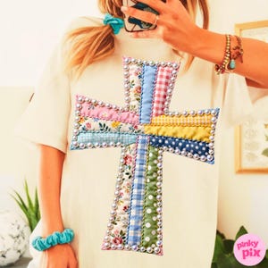 Patchwork Cross PNG: Easter Christian Floral Pearl Grandma Core geruit sublimatieontwerp, digitale download afbeelding 4
