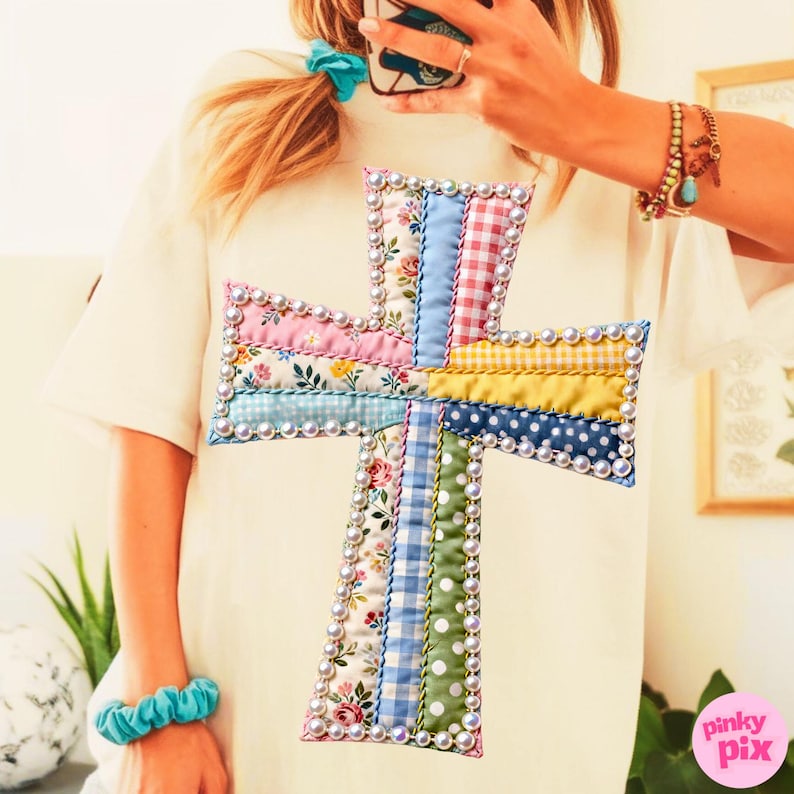 Patchwork Cross PNG: Easter Christian Floral Pearl Grandma Core geruit sublimatieontwerp, digitale download afbeelding 4