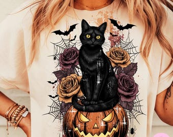 Retro Fall Halloween Pumpkin Black Cat Png, Vintage Halloween Png, Preppy Black Cat Shirt Png, Cat And Pumpkin Png, Autumn Cat Sublimation
