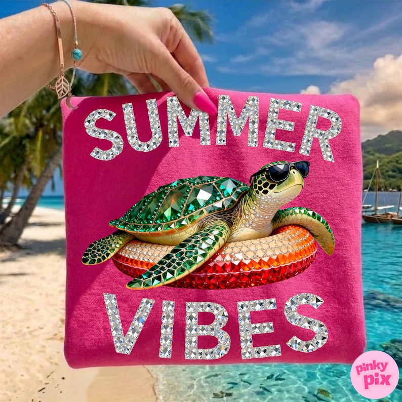 May include: A hot pink tote bag with the words "SUMMER VIBES" in sparkling silver letters. A bejeweled green sea turtle wearing sunglasses rests on a colorful float. The background shows a tropical beach scene.