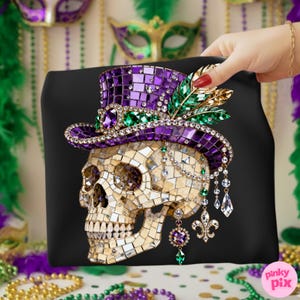 May include: Black tote bag featuring a mosaic skull wearing a purple top hat adorned with jewels and feathers. The skull has a mosaic design with dangling crystal and jewel accents, perfect for Mardi Gras.