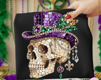 Mardi Gras Skull PNG, Rhinestone Mosaic Skull With Purple Hat Crystal Carnival DTF Design