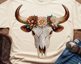 Western Cow Skull PNG: Rhinestone Sparkle Bling Floral Bull Head Turquoise Accent Design