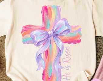 Easter Cross PNG: He is Risen Brushstroke Coquette Bow Christian Sublimation Design, Digital Download