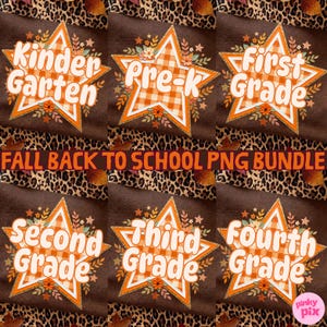 Op de afbeelding: Een digitaal ontwerppakket met zes bruine stoffen vierkanten met luipaardprint randen. Elk vierkant toont een grote oranje en witte gingham ster versierd met herfstbladeren en bloemen, gelabeld met Kindergarten, Pre-K, First, Second, Third en Fourth Grade.