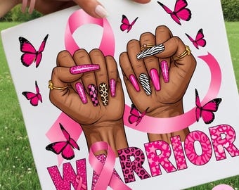 Brustkrebs Krieger Png, Pink Ribbon Afro Frau Nägel Png, Oktober Bewusstsein Schmetterling Pink Sublimation, Kampf gegen Krebs Digitaler Download
