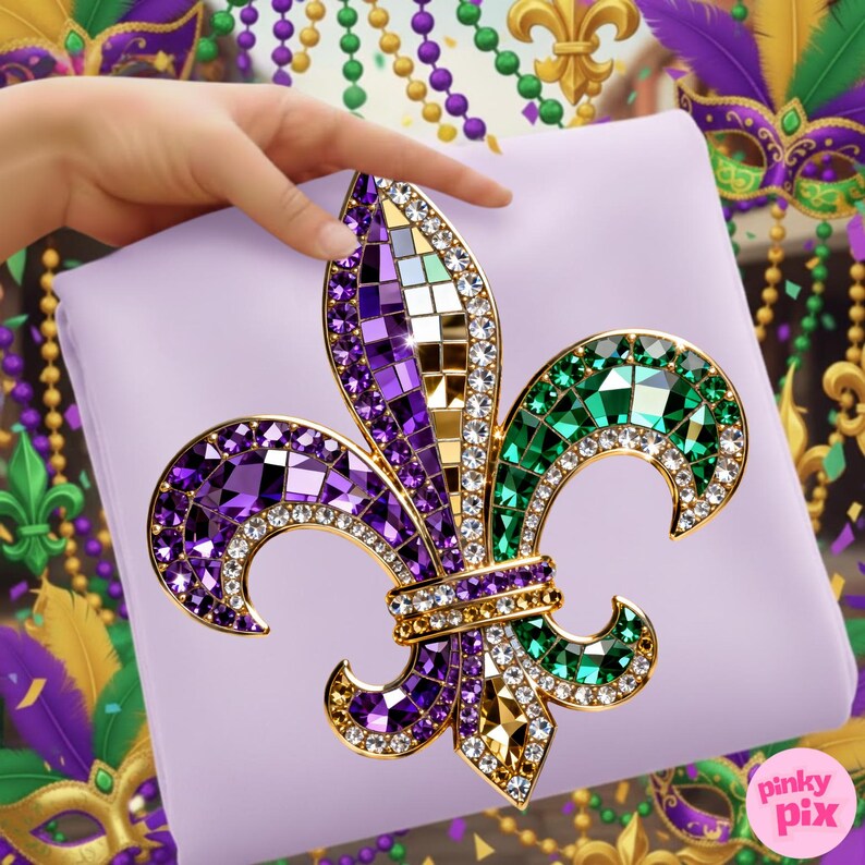 May include: A lavender fabric with a large, ornate fleur-de-lis design. The fleur-de-lis is embellished with purple, green, and gold mosaic-style gems and clear rhinestones. The design is held by a hand, with Mardi Gras-themed decorations in the background.