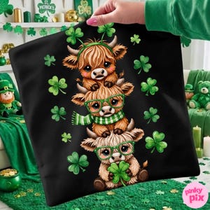 St. Patricks Day Highland Kuh PNG, Faux Garn häkeln Lucky Shamrock Sublimation Design