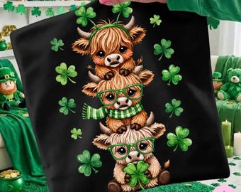 St. Patrick's Day Highland Cow, png, imitatiegaren gehaakt geluksklaver sublimatieontwerp