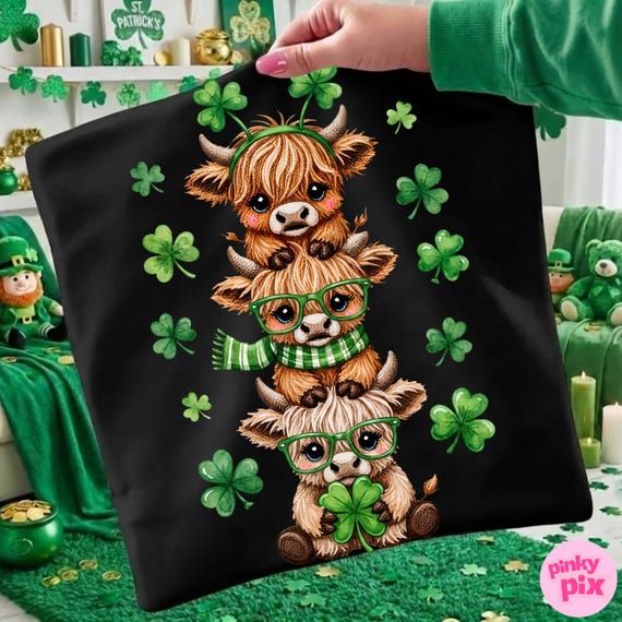 St. Patrick's Day Highland Cow PNG, Faux Yarn Crochet Lucky Shamrock Sublimation Design