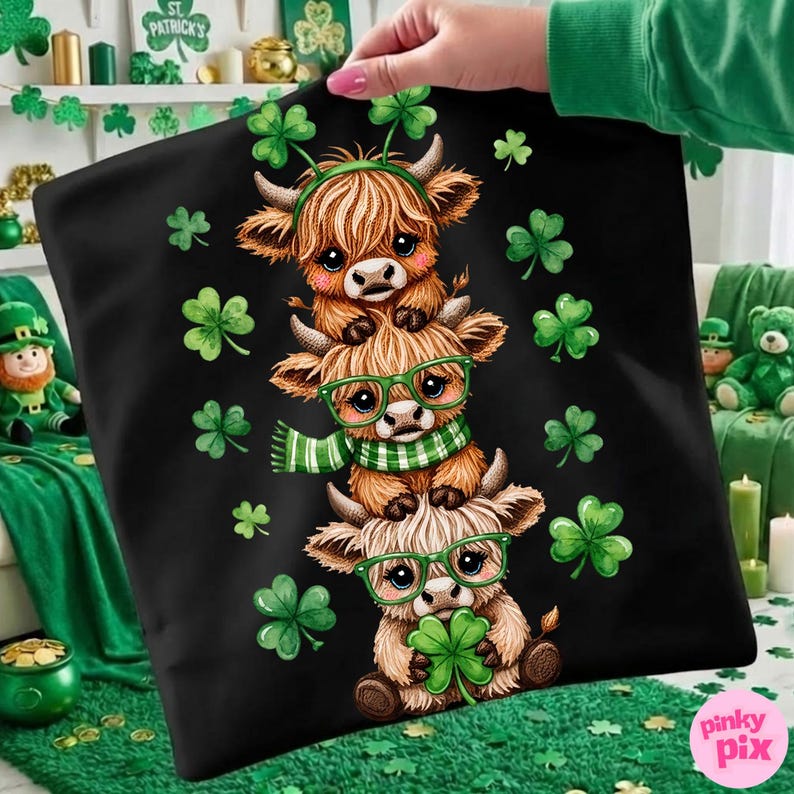 St. Patrick's Day Highland Cow PNG, Faux Yarn Crochet Lucky Shamrock Sublimation Design image 1