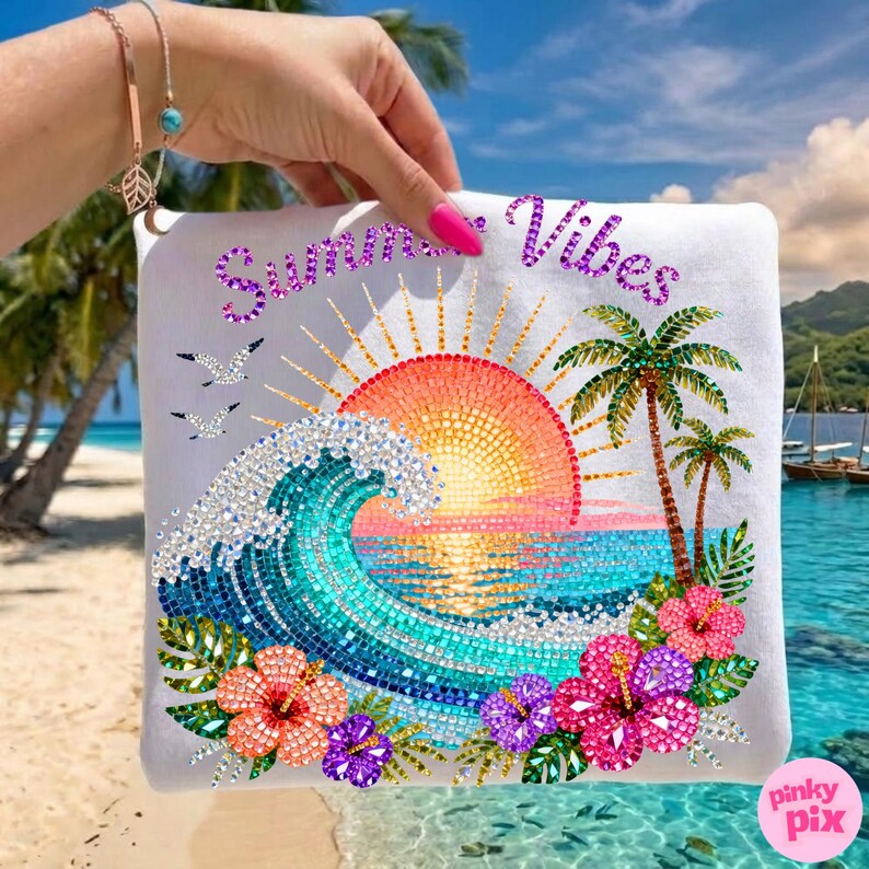 May include: White square pillow with a colorful beach scene. The design features a mosaic-style sunset, ocean waves, palm trees, and hibiscus flowers. The words "Summer Vibes" are written across the top in purple.