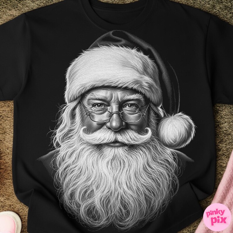 May include: Black t-shirt featuring a detailed black and white illustration of Santa Claus. The image shows Santa with a long white beard, glasses, and a traditional hat with a fluffy white trim. The design is a classic representation of the holiday figure.