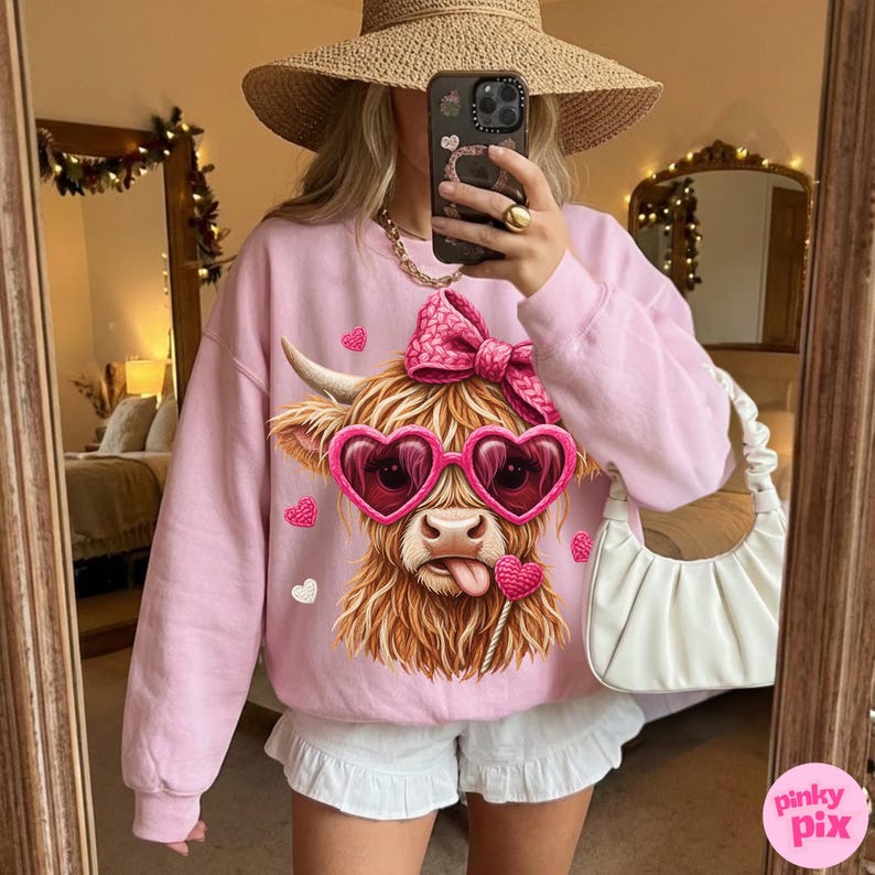 Faux Yarn Valentines Day Highland Cow PNG: Pink Coquette Bow Heart Love Sublimation Design image 3