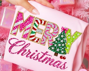 Merry Christmas PNG: Bling Rhinestone Crystal Mosaic Jewel Candy Cane Letters & Sparkle Tree Design