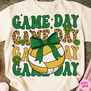 Retro Game Day Volleyball Png, Green Preppy Leopard Volleyball Bow Png, Boho Floral Volleyball Mom Sublimation, Coquette Sports Shirt Design