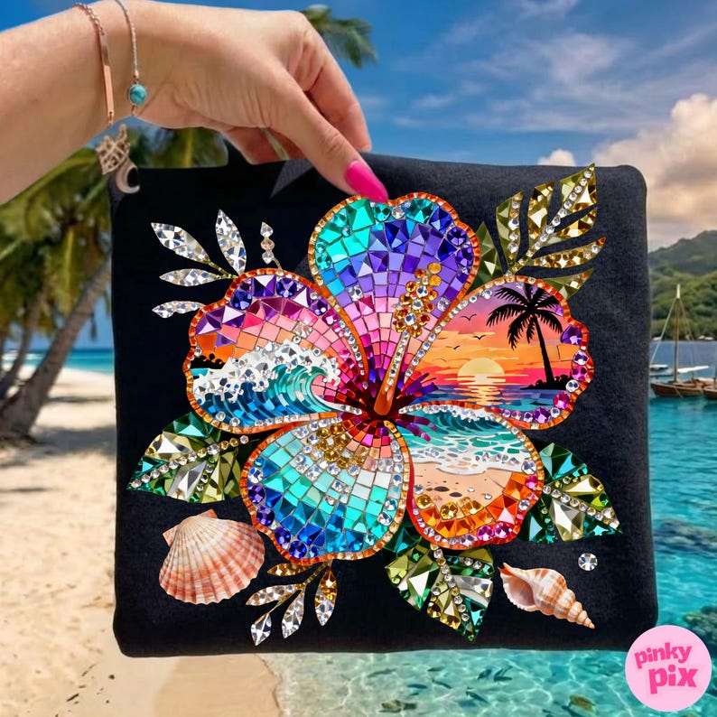 May include: Black square decorative pillow featuring a vibrant, mosaic-style hibiscus flower design. The flower incorporates beach and sunset imagery, with seashells and crystal accents. The pillow has a Pinky Pix logo.