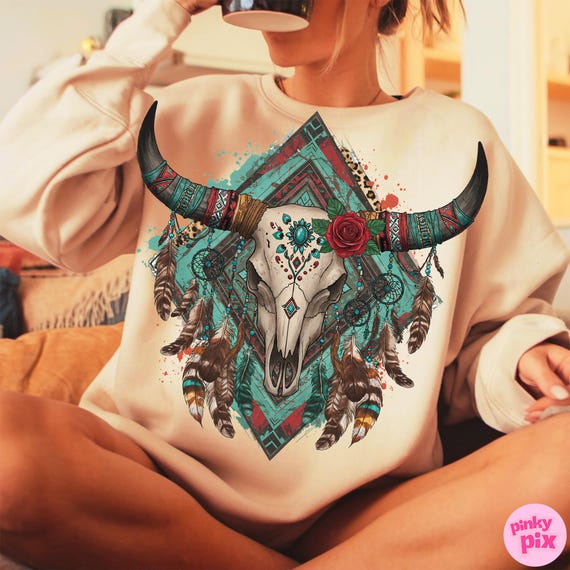 Western Skull PNG, Boho Cow Skull Sublimation, Retro Aztec Turquoise Skull Clipart, Bohemian Bull Skull PNG, Tribal Feather Shirt Design
