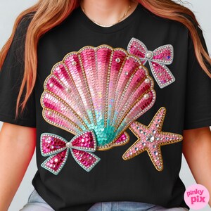 Summer Seashell Starfish PNG: Coquette Coastal Beach Sequin Rhinestone Bow Shirt Design image 14