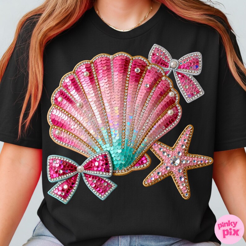 Summer Seashell Starfish PNG: Coquette Coastal Beach Sequin Rhinestone Bow Shirt Design image 14