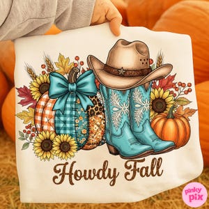 Howdy Fall PNG: Western Patchwork Pumpa Solros Turkos Stövlar Rosett Sublimering