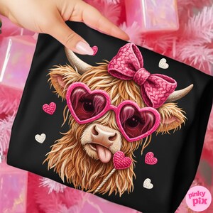 Faux Yarn Valentines Day Highland Cow PNG: Pink Coquette Bow Heart Love Sublimation Design image 4