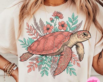 ボヘミアン風サマーウミガメPNG、ヴィンテージフローラルタートル昇華、海岸のワイルドフラワータートルクリップアート、レトロなサマービーチPNGデザイン