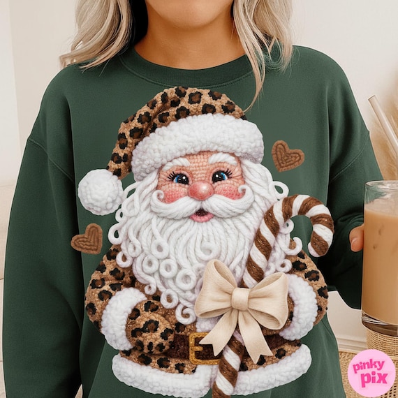Faux Yarn Santa Png: Leopard Crochet Coquette Candy Cane Bow Sublimation Design