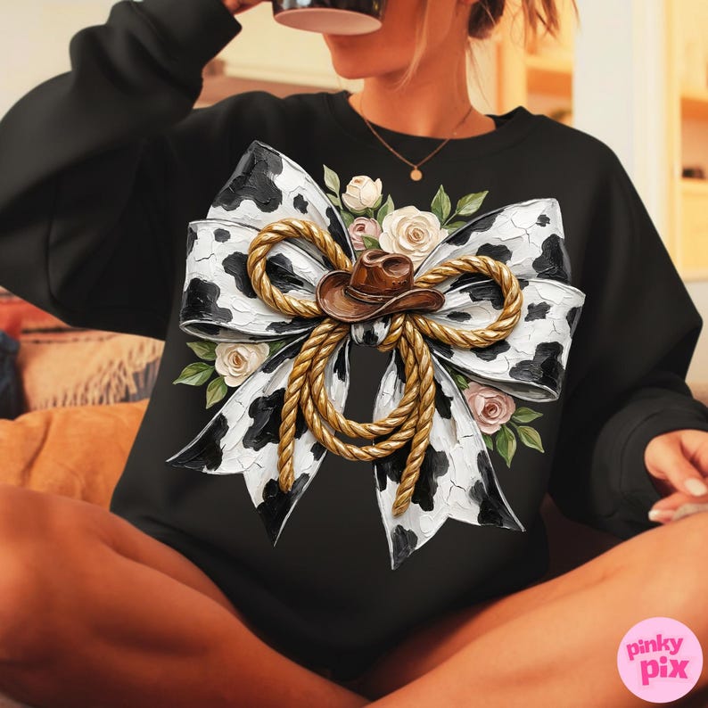 May include: Black sweatshirt featuring a large bow design with a cow print pattern, a brown cowboy hat, and rope detailing. The bow is adorned with white and pink roses and green leaves. The sweatshirt is a comfortable, casual style.
