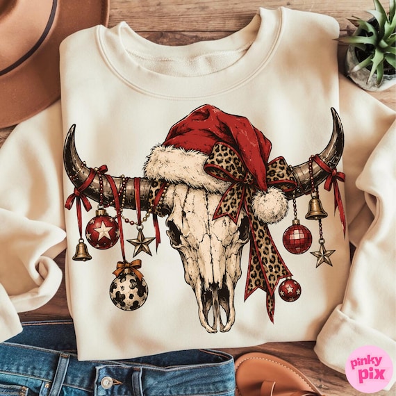 Western Christmas Skull PNG: Leopard Bow Santa Hat Longhorn Rustic Holiday Sublimation Design