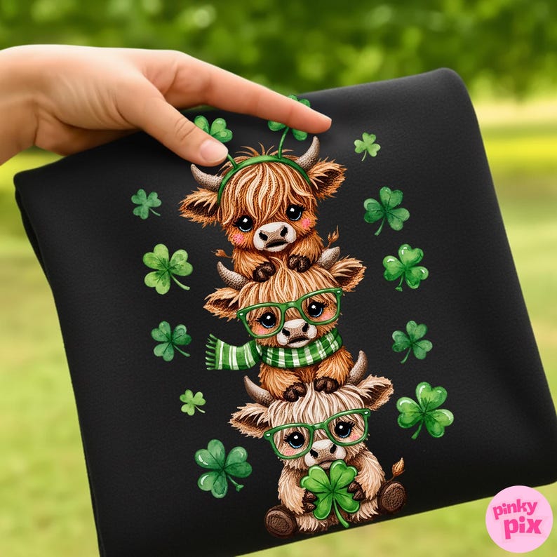 May include: Black fabric featuring a stack of three cartoon Highland cows, each with brown fur and wearing St. Patrick's Day accessories. The cows have green glasses, scarves, and headbands, surrounded by green shamrocks.